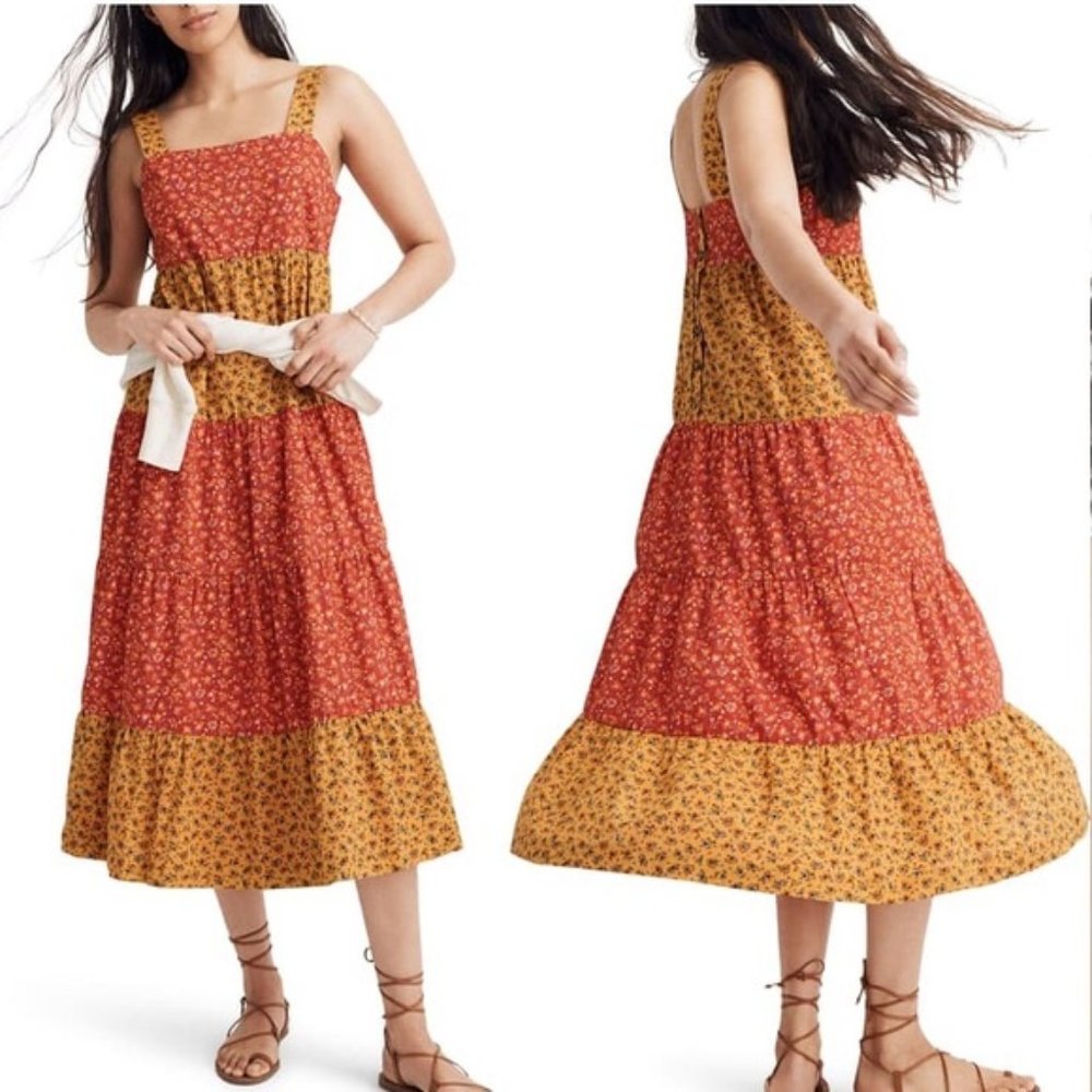 MADEWELL Button Back Tiered Midi Dress 6 S